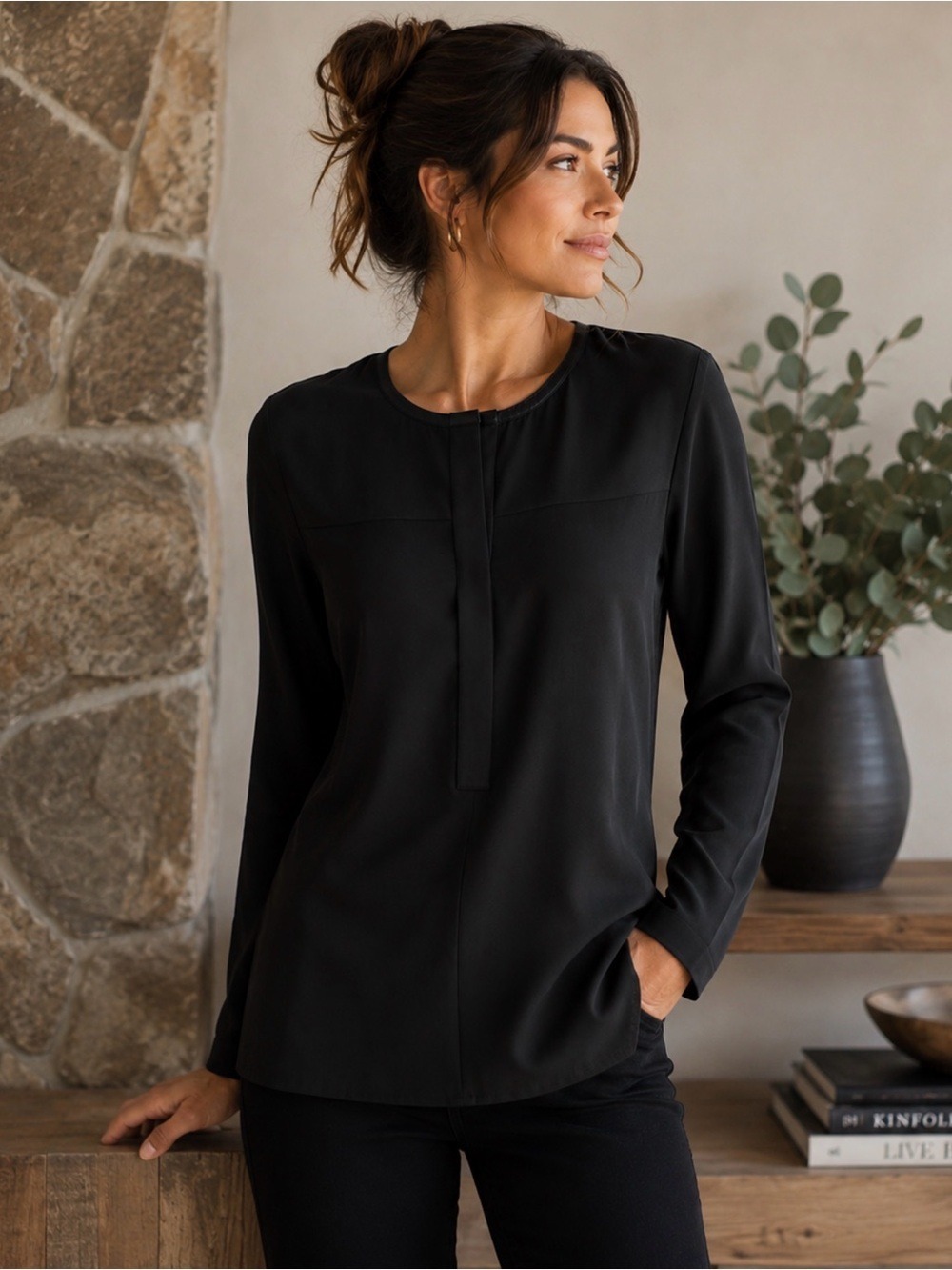 DONNA KARAN NEW YORK BLACK SILK LEATHER TRIM LONG SLEEVE TUNIC BLOUSE 8